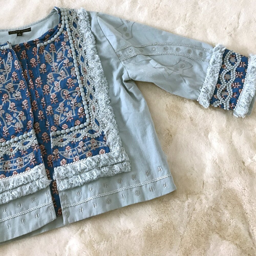 Indigo Moon Light Blue Embroidered Jean Jacket - Picture 4 of 13